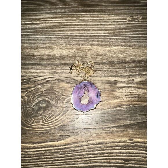 1pc Pendant Necklace Agate Quartz Geode Slice Amethyst Inlaid Gold Plated. New. - Picture 1 of 10